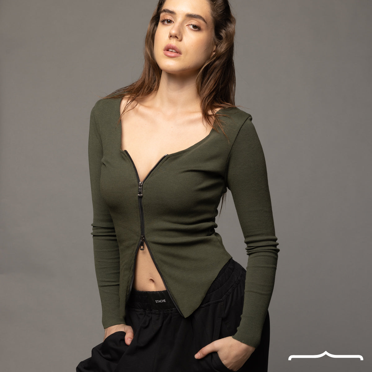 Double sided zipper top in Olive