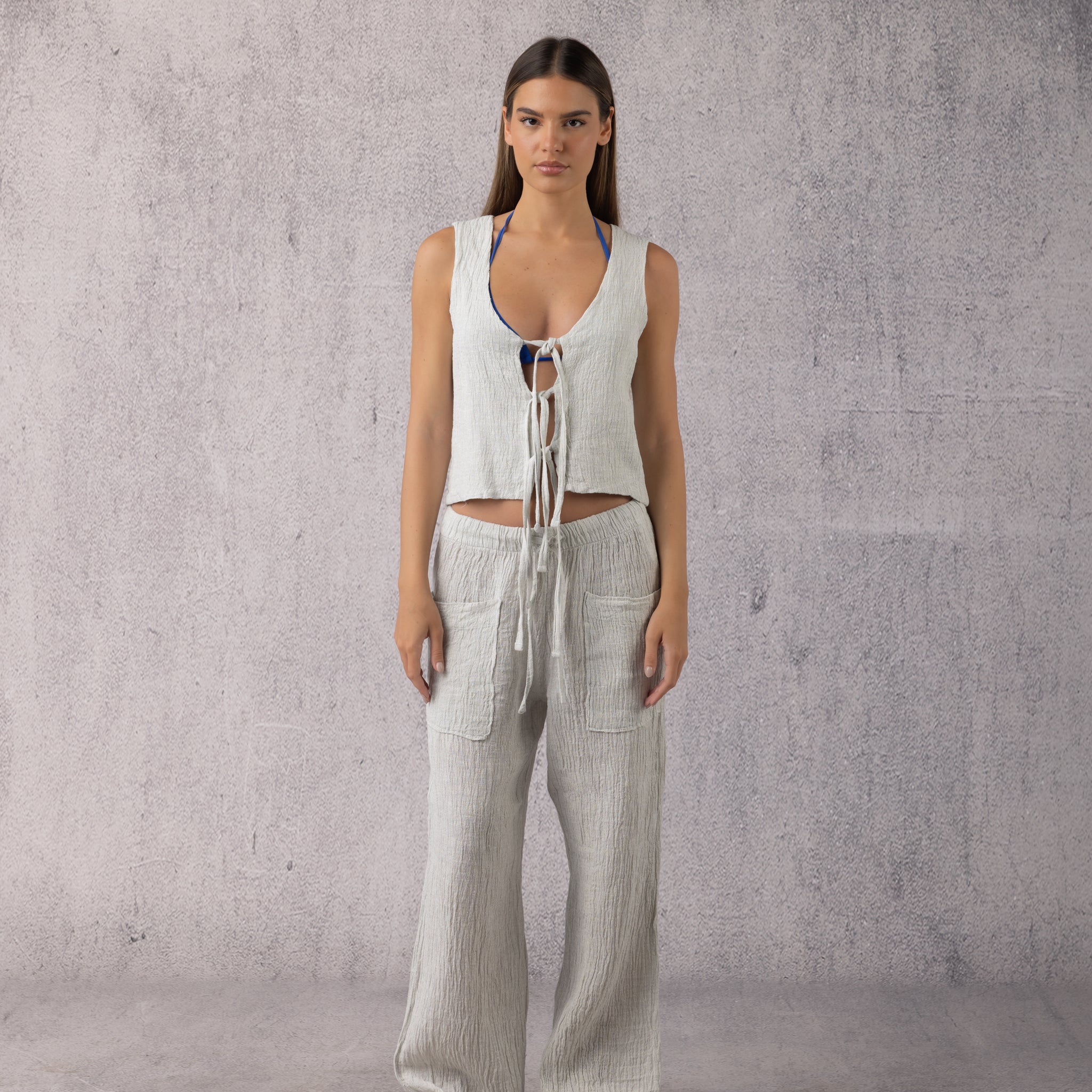 Tie Linen Set in Light Grey