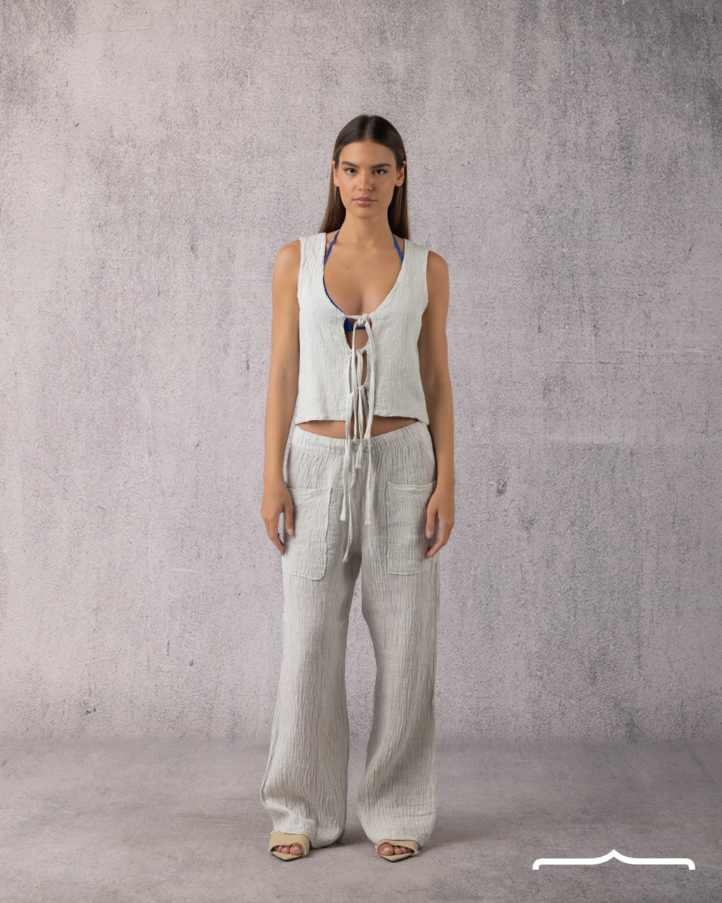 Tie Linen Set in Light Grey