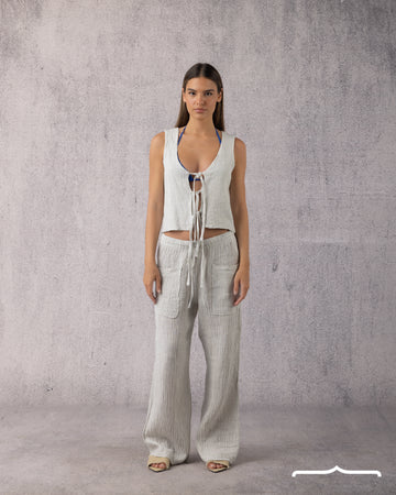 Tie Linen Set in Light Grey
