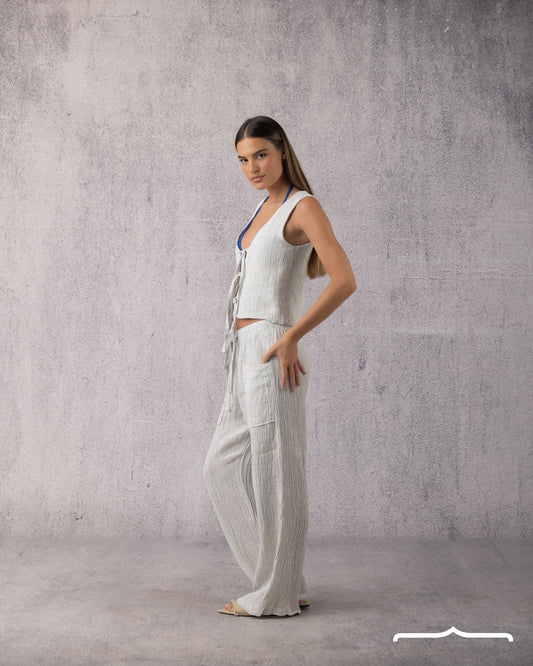 Tie Linen Set in Light Grey