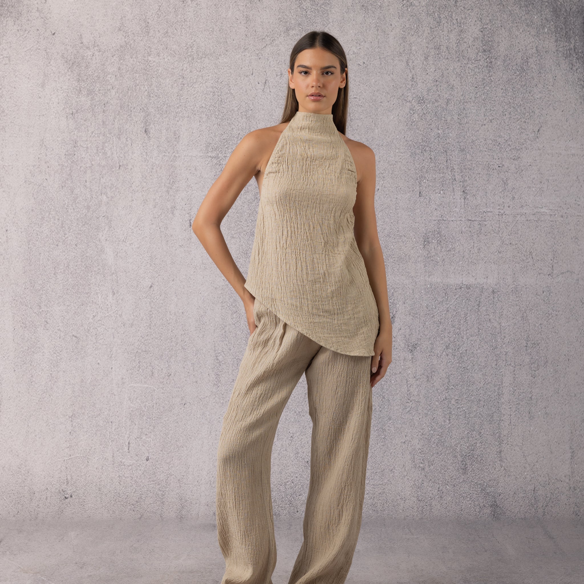 Asymmetrical Backless Linen Set in Beige