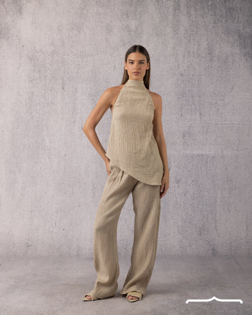 Asymmetrical Backless Linen Set in Beige