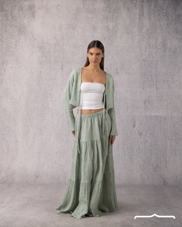 Slit skirt linen set in pistage