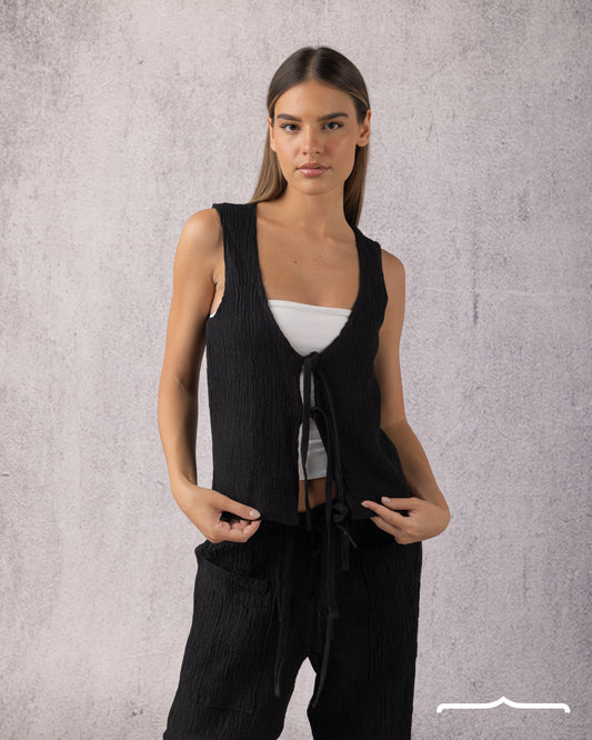 Tie Linen Set in Black