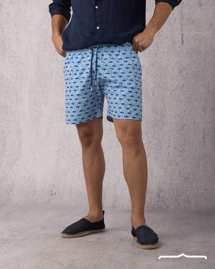 Shark Print Swim Short in Baby blue