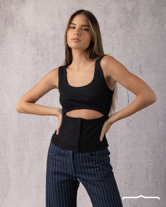 Twist Cut Ribbed Tank Top in Black