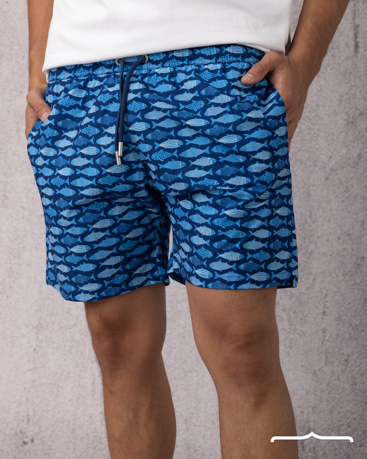 Fish Printed Swim Short in Blue