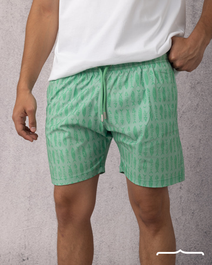 Fish Skull Print Swim Short in Lime Green