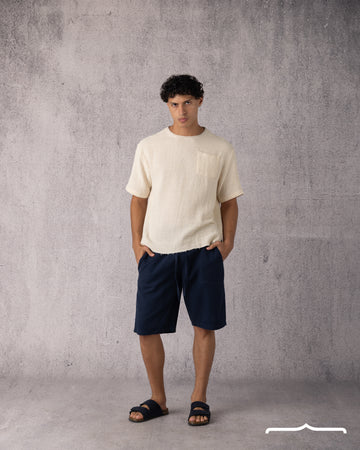 Linen Drawstring Short in Navy blue