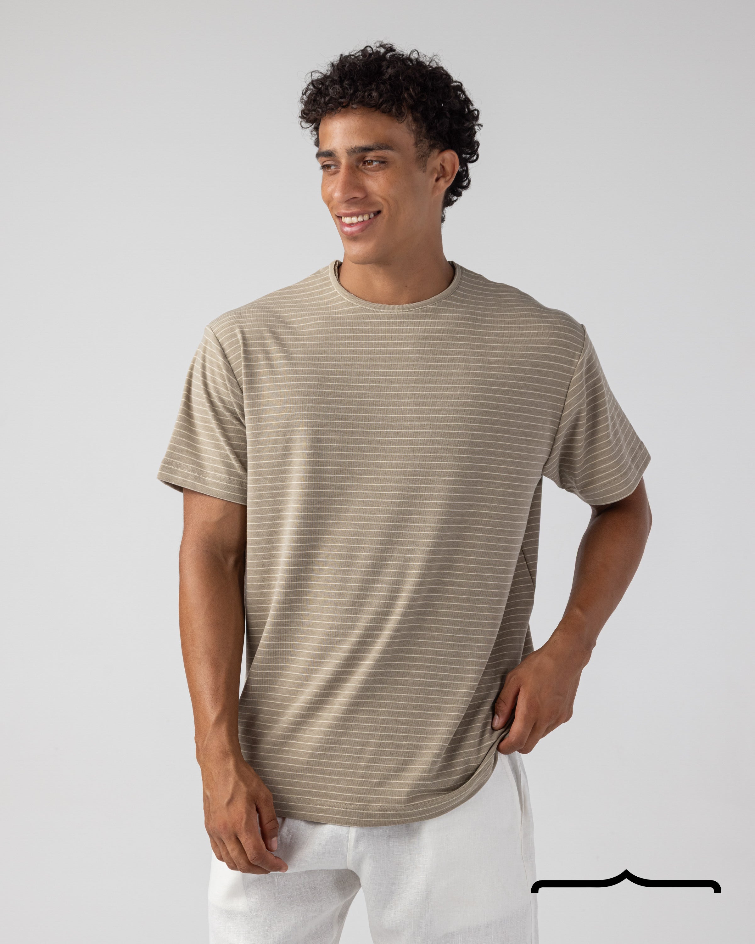 Crew neck Striped Knit T-Shirt in Biege
