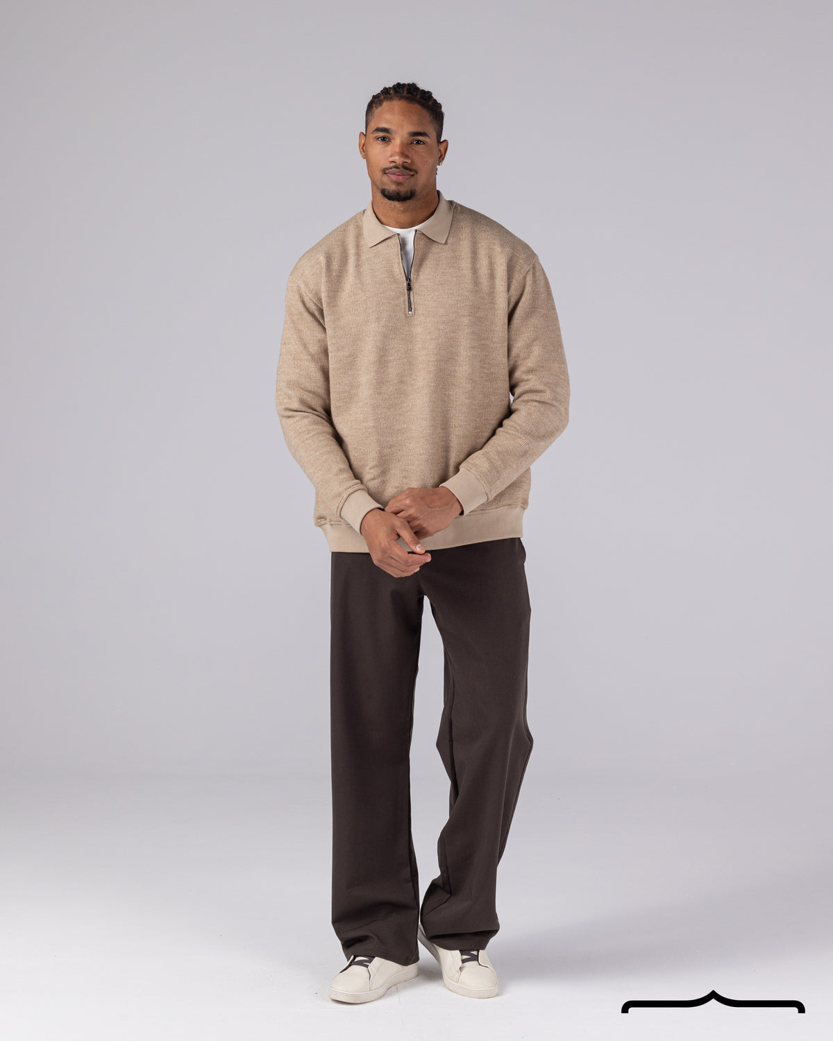 Textured Knit Half Zipper Polo in Beige