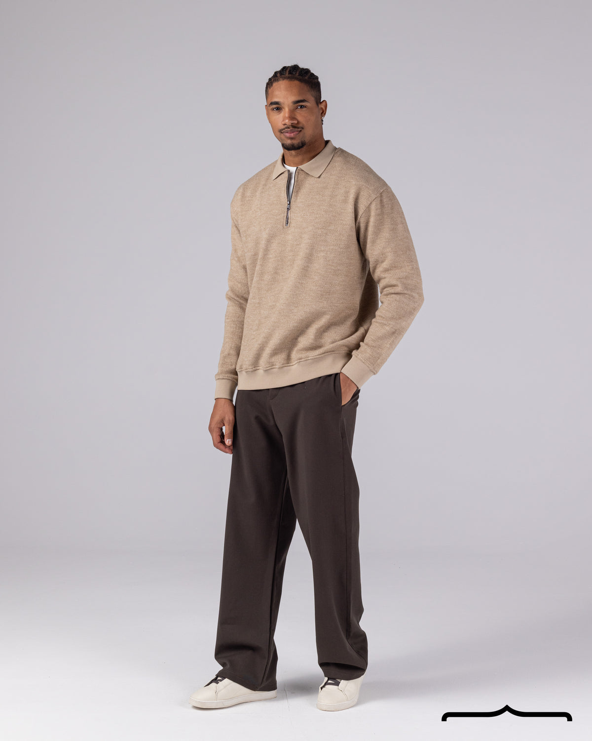 Textured Knit Half Zipper Polo in Beige