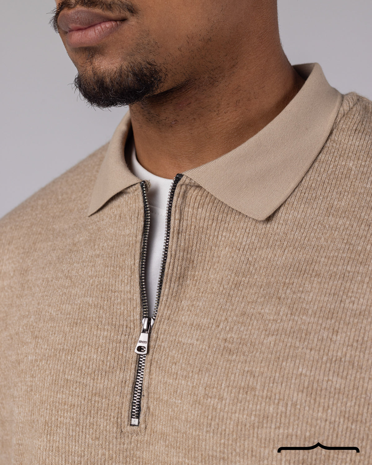 Textured Knit Half Zipper Polo in Beige