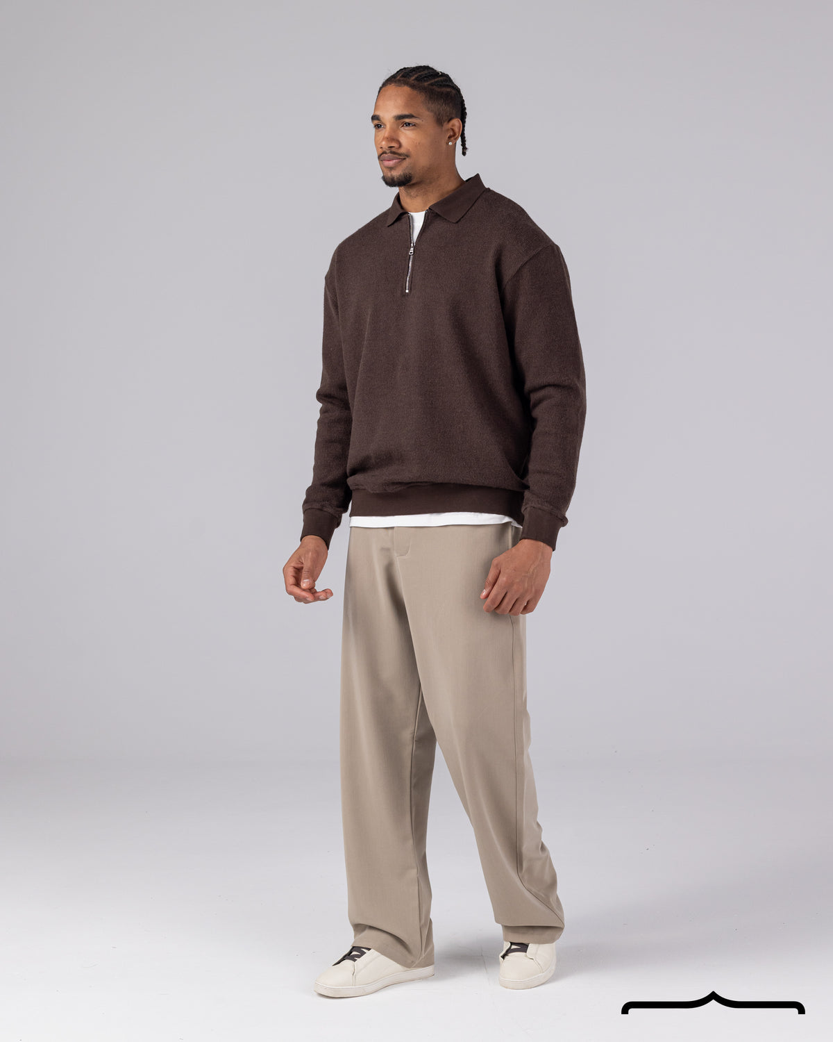 Textured Knit Half Zipper Polo in Brown