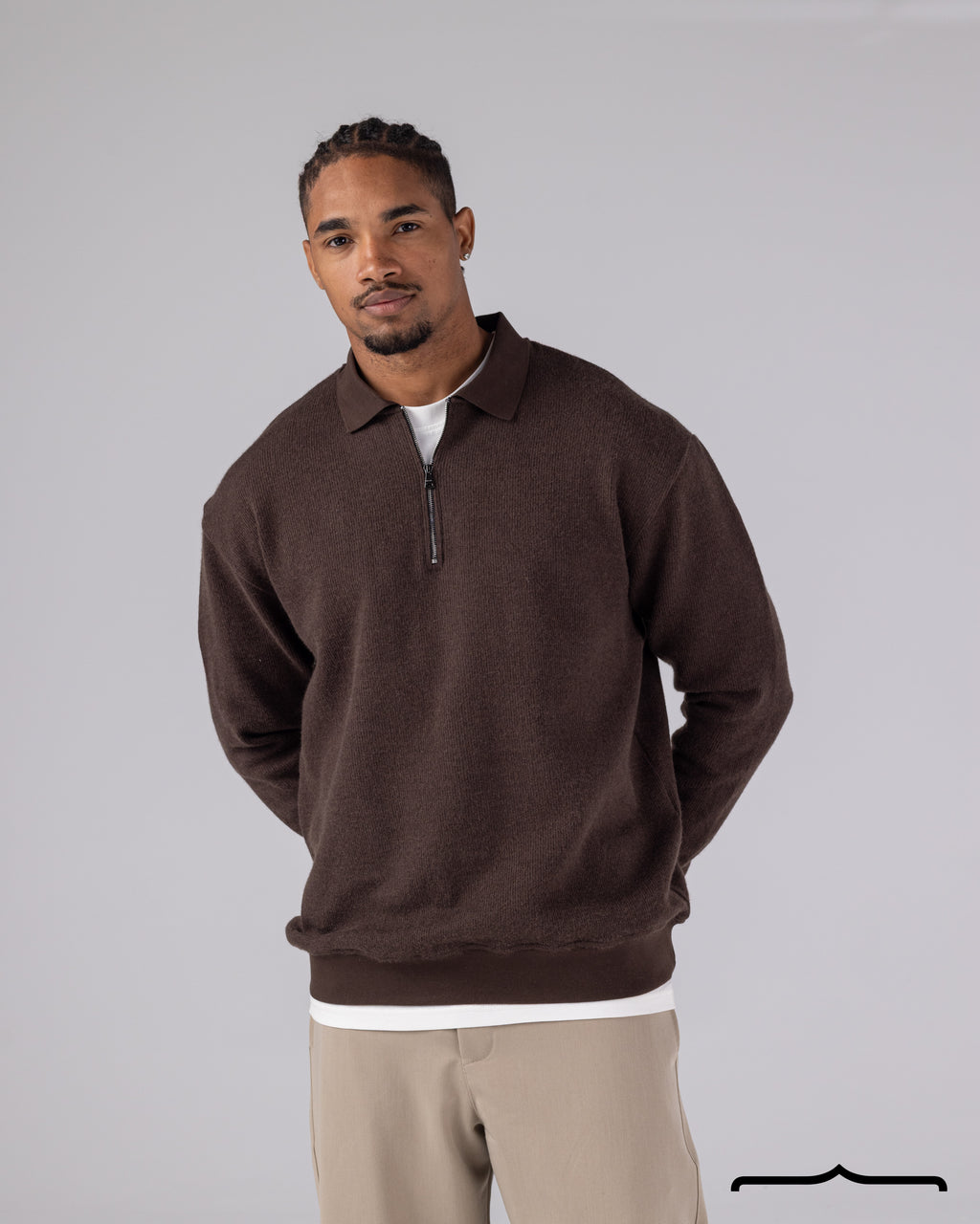 Textured Knit Half Zipper Polo in Brown