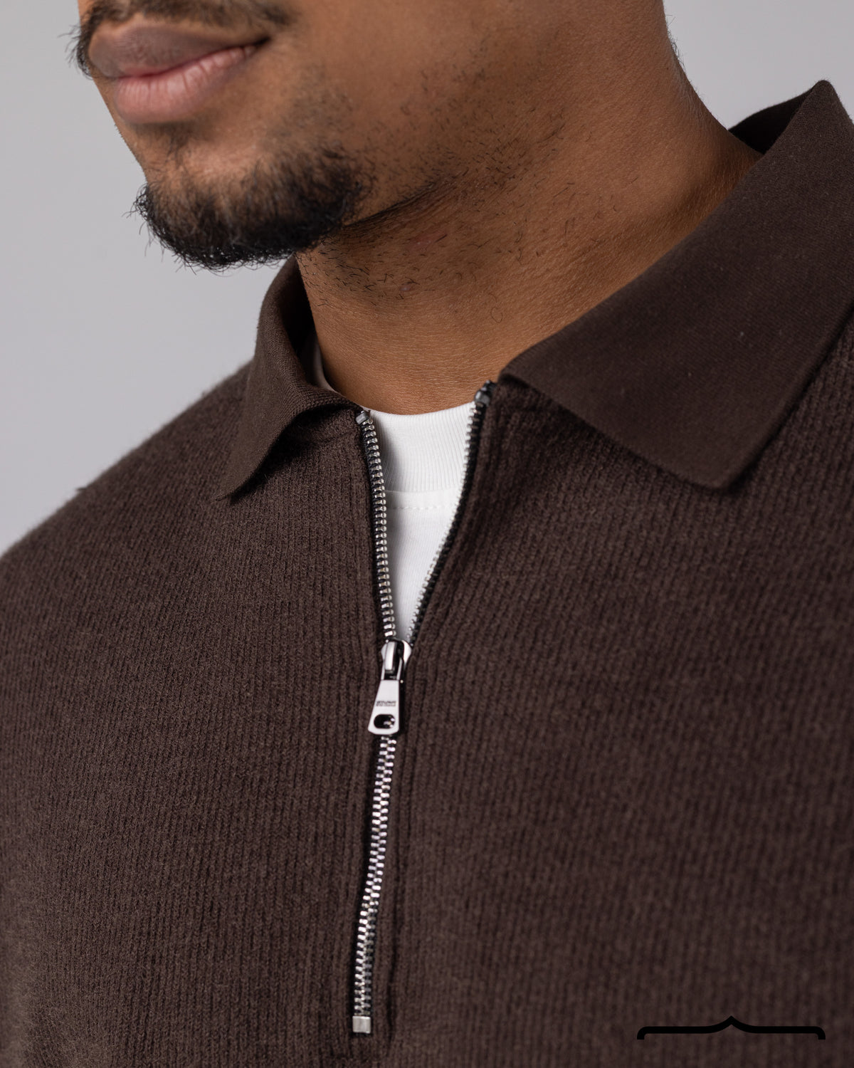 Textured Knit Half Zipper Polo in Brown