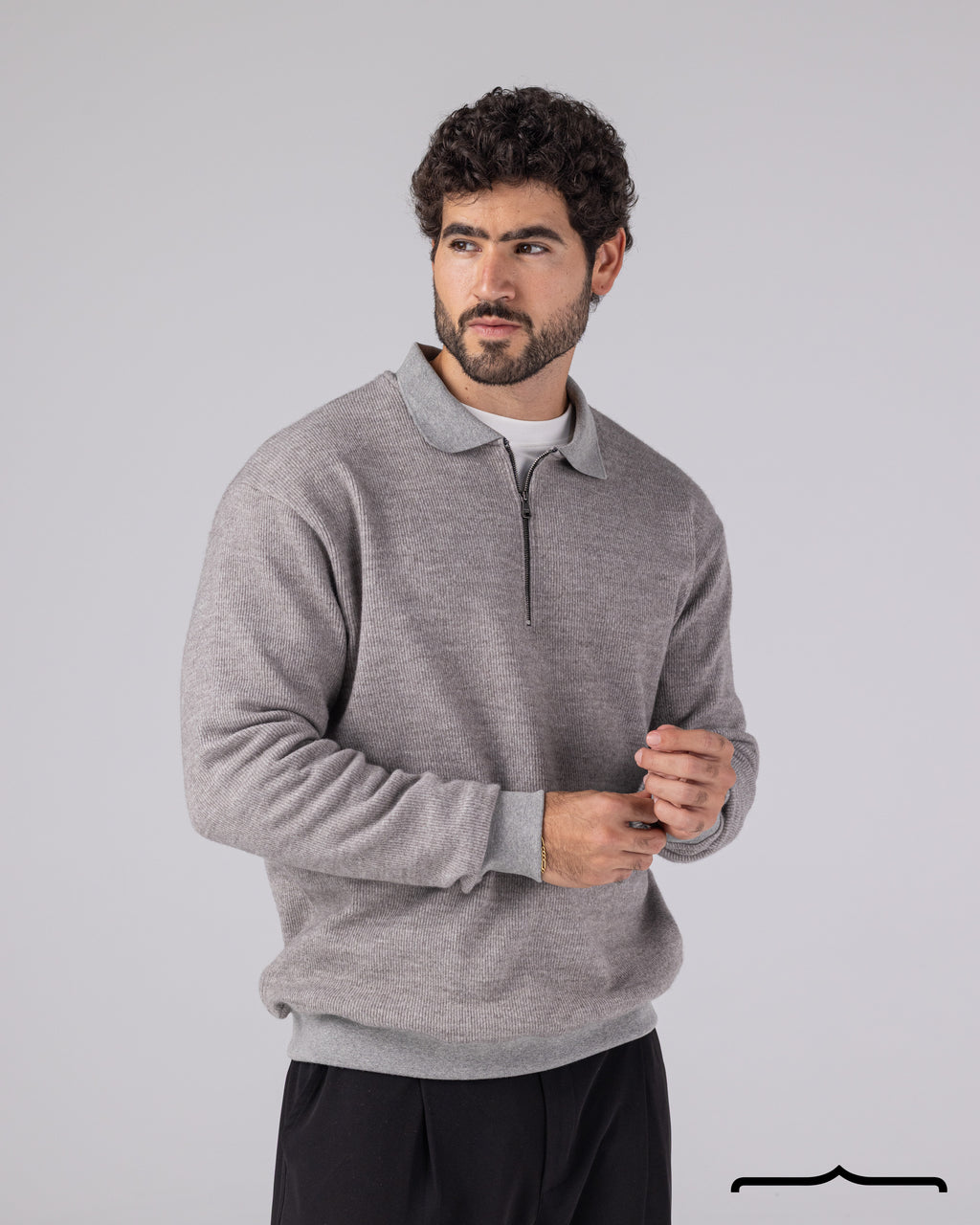 Textured Knit Half Zipper Polo in Grey