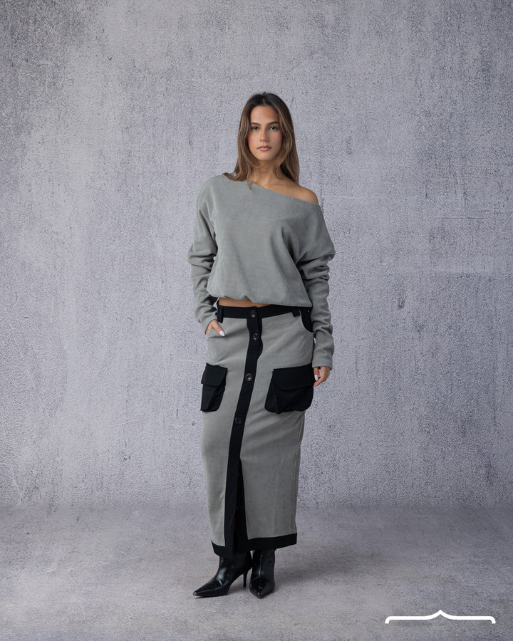 Suede Off-Shoulder Set in Grey