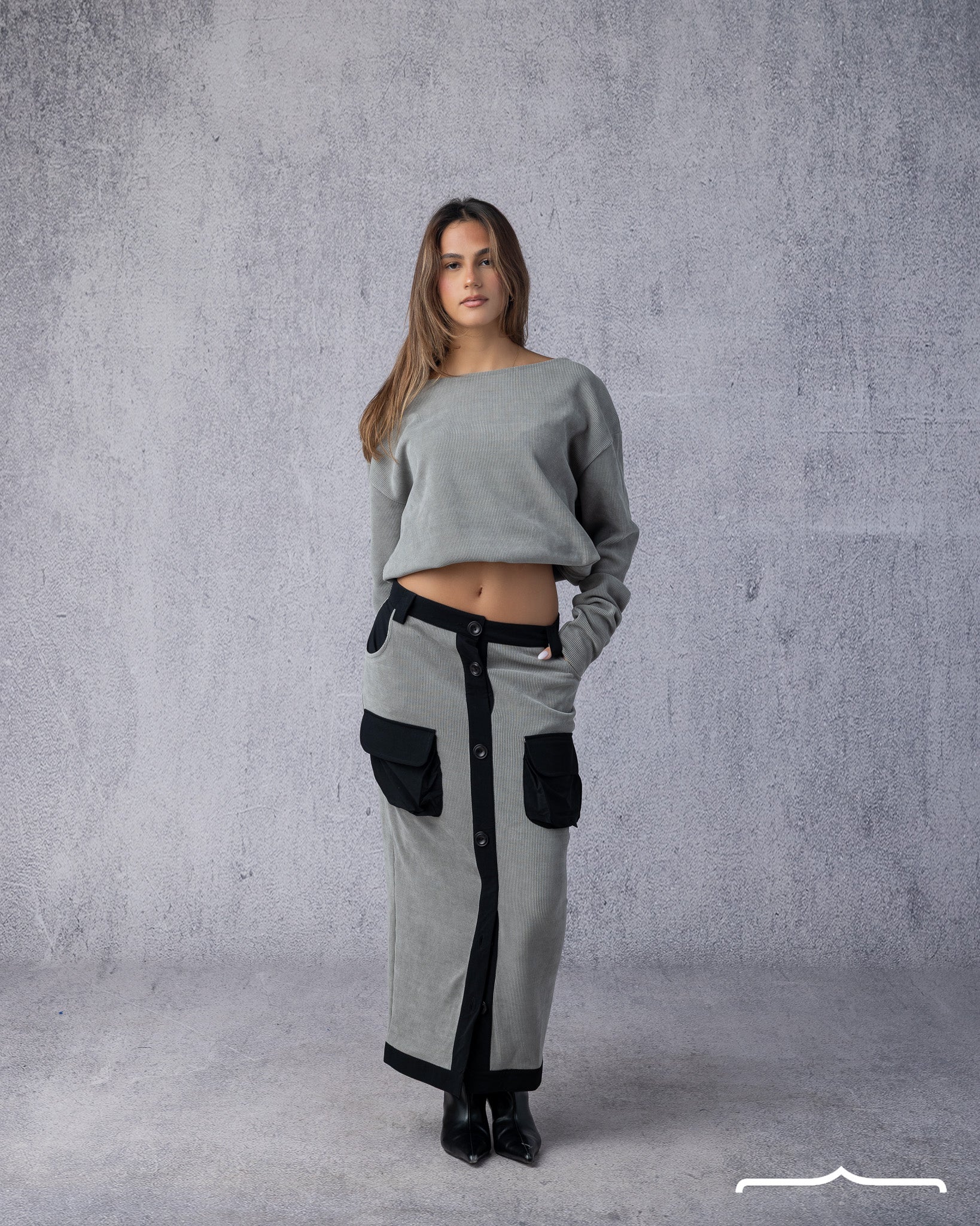 Suede Off-Shoulder Set in Grey from small to large