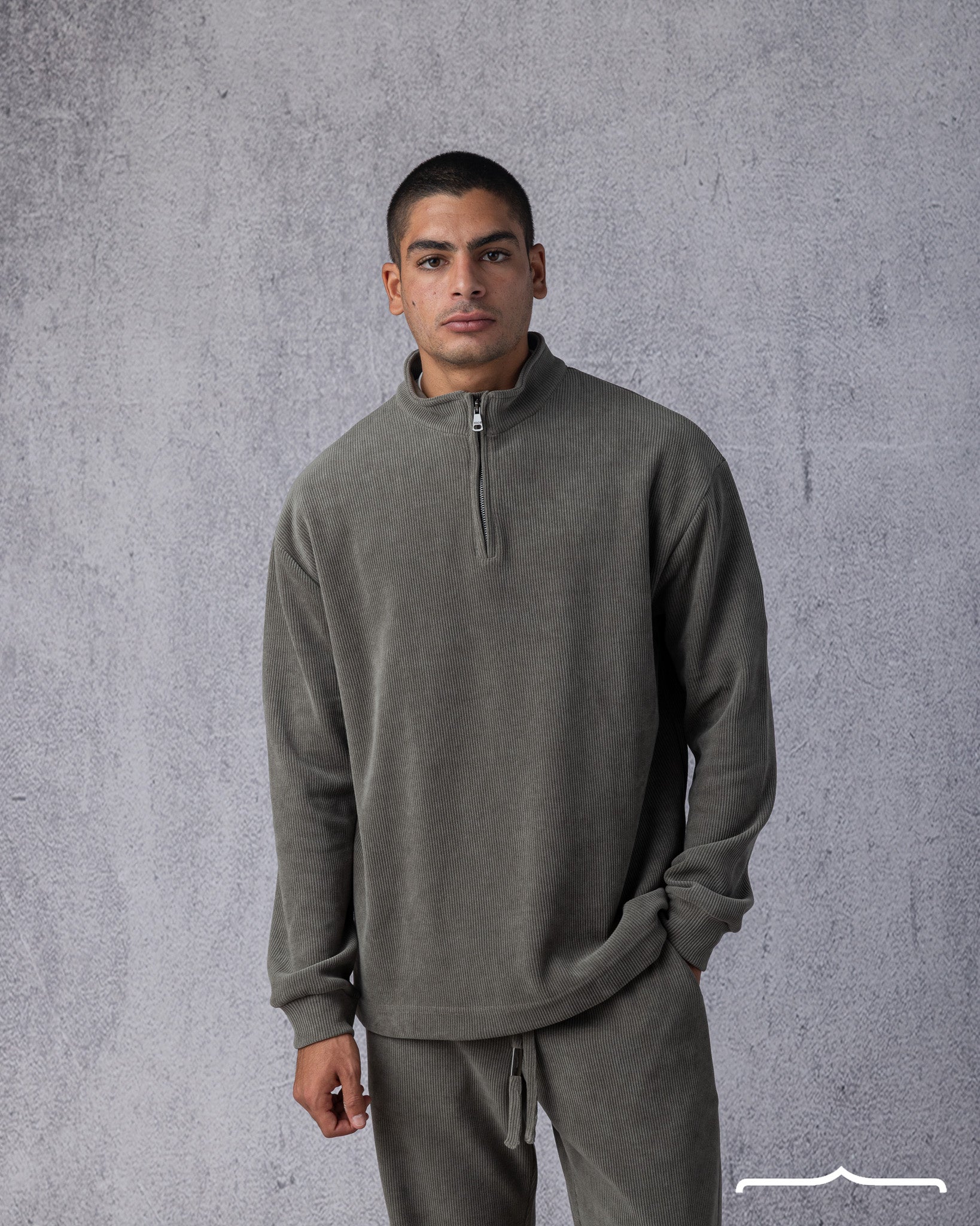 Textured Half Zipper Sweatshirt in Light Olive