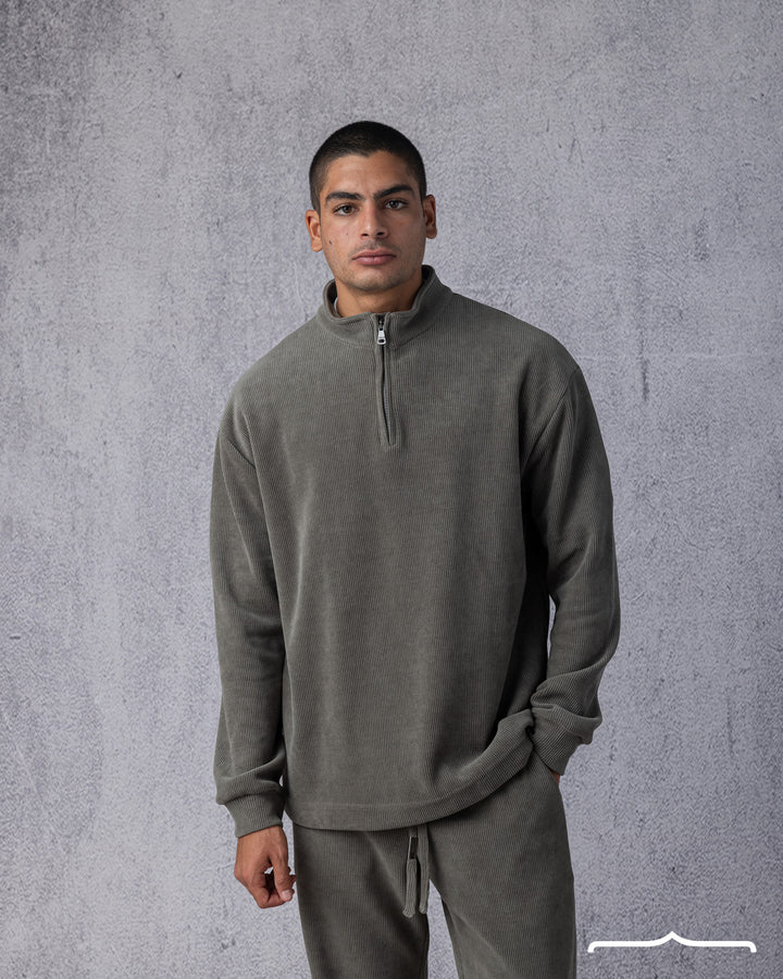 Textured Half Zipper Sweatshirt in Light Olive