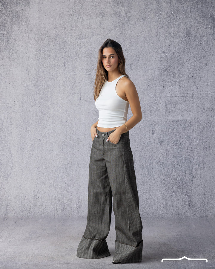 Low waist wide leg cuffed denim in Brown