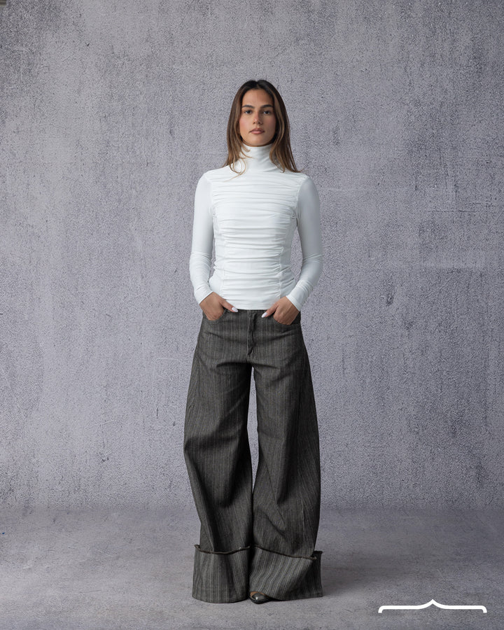 Draped High Neck Top in White