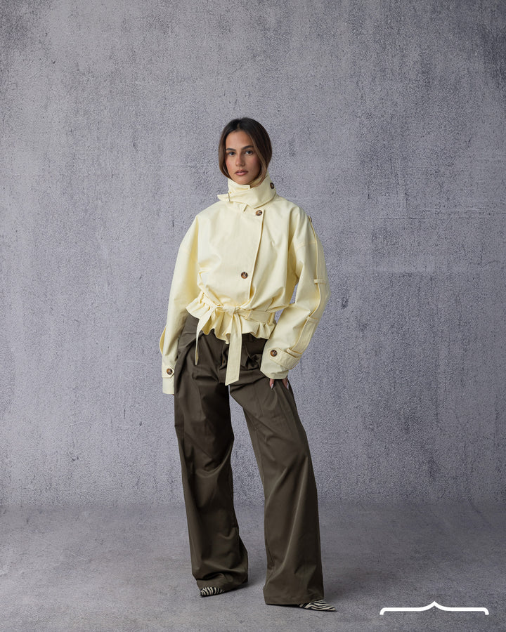 High Neck Belted Trench Jacket in Butter yellow
