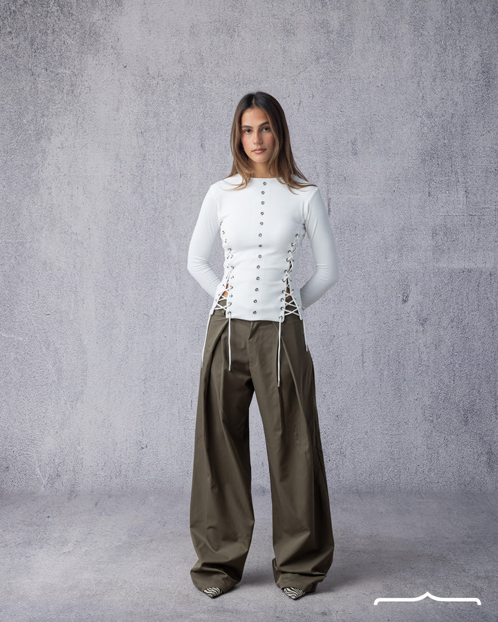 Side-Laced Structured Long Sleeve Top in White