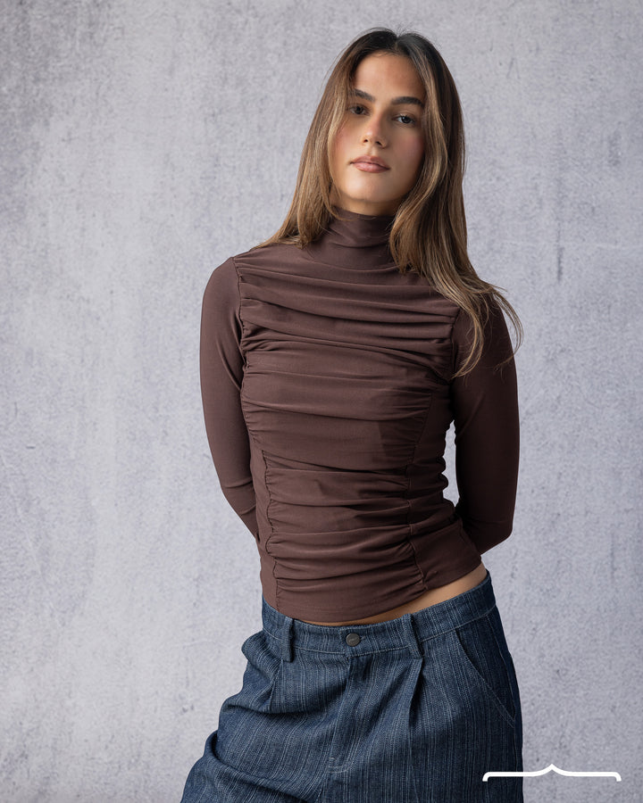 Draped High Neck Top in Brown