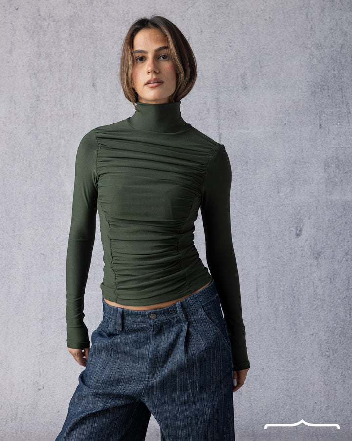 Draped High Neck Top in Olive