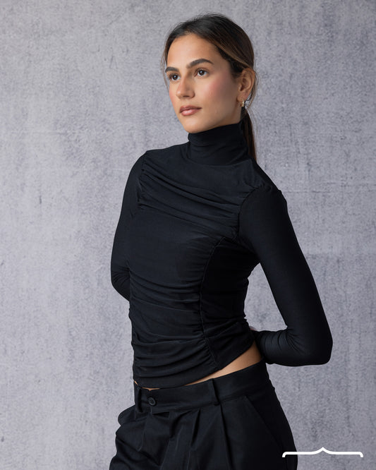 women's Draped High Neck Top in Black