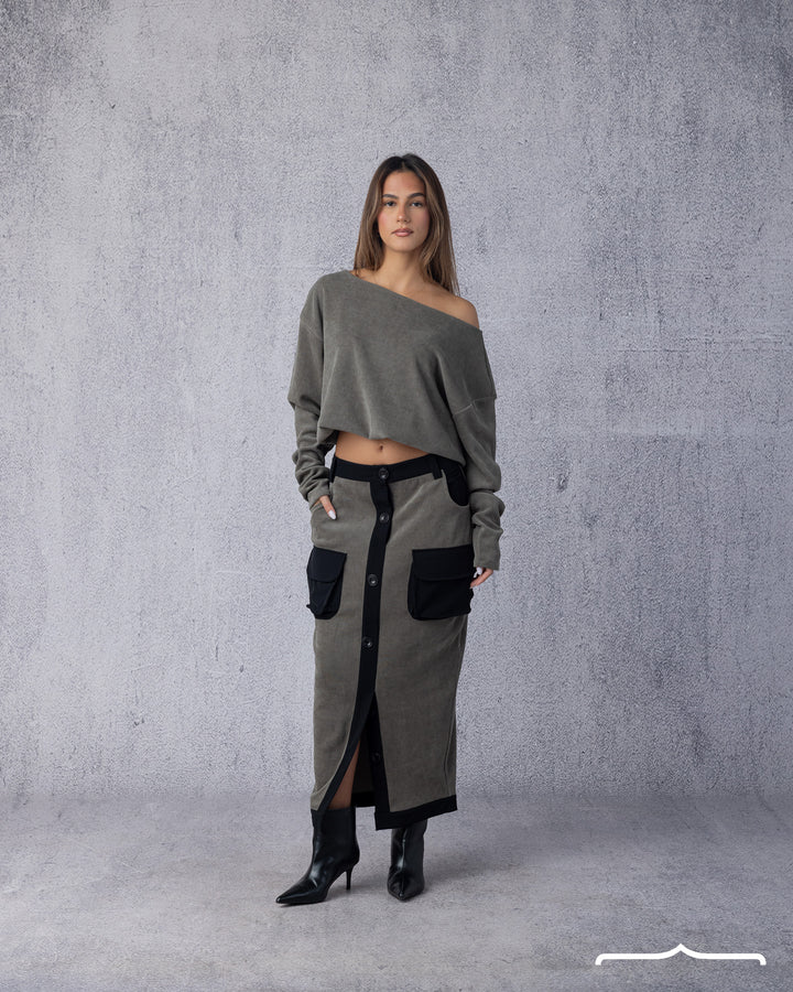 Suede Off-Shoulder Set in Olive