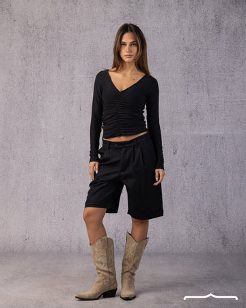 Ruched V-Neck Top in Black