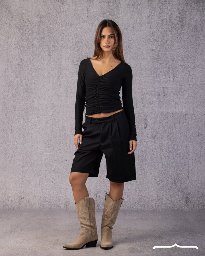Ruched V-Neck Top in Black