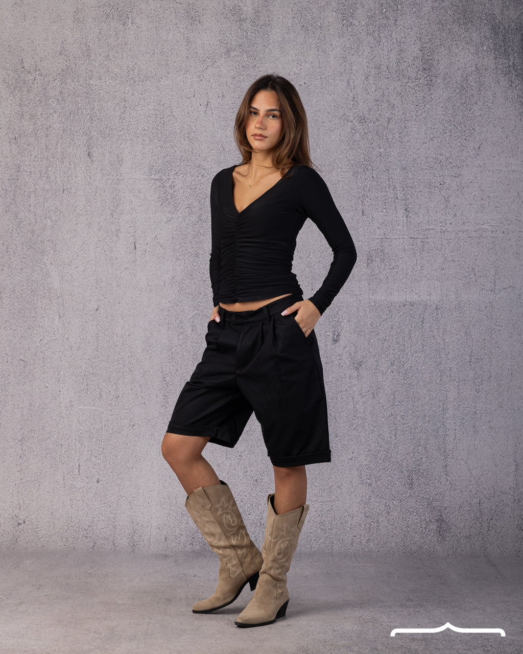 Ruched V-Neck Top in Black
