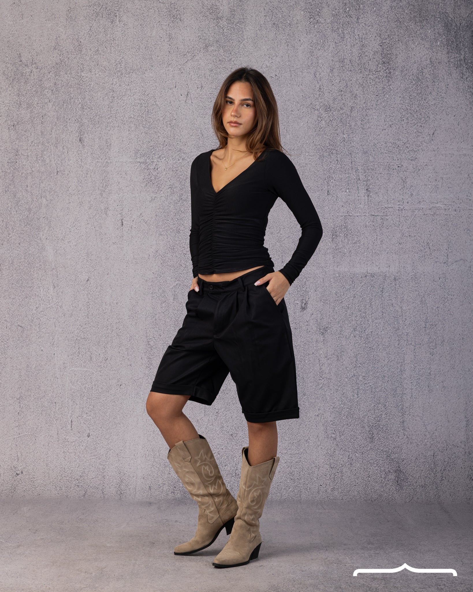 Ruched V-Neck Top in Black