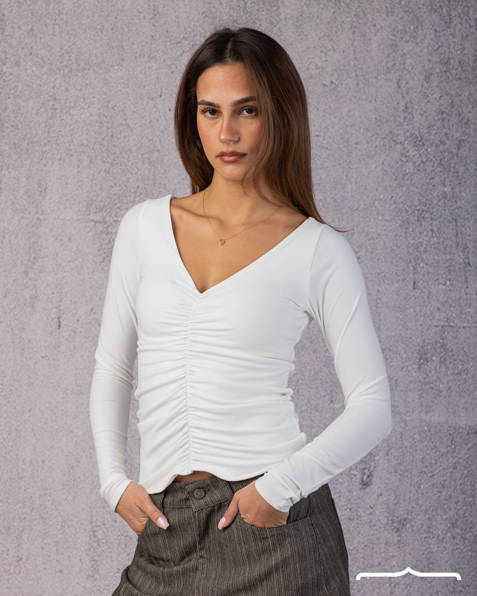 Ruched V-Neck Top in White
