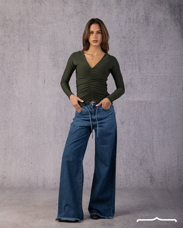 Ruched V-Neck Top in Olive