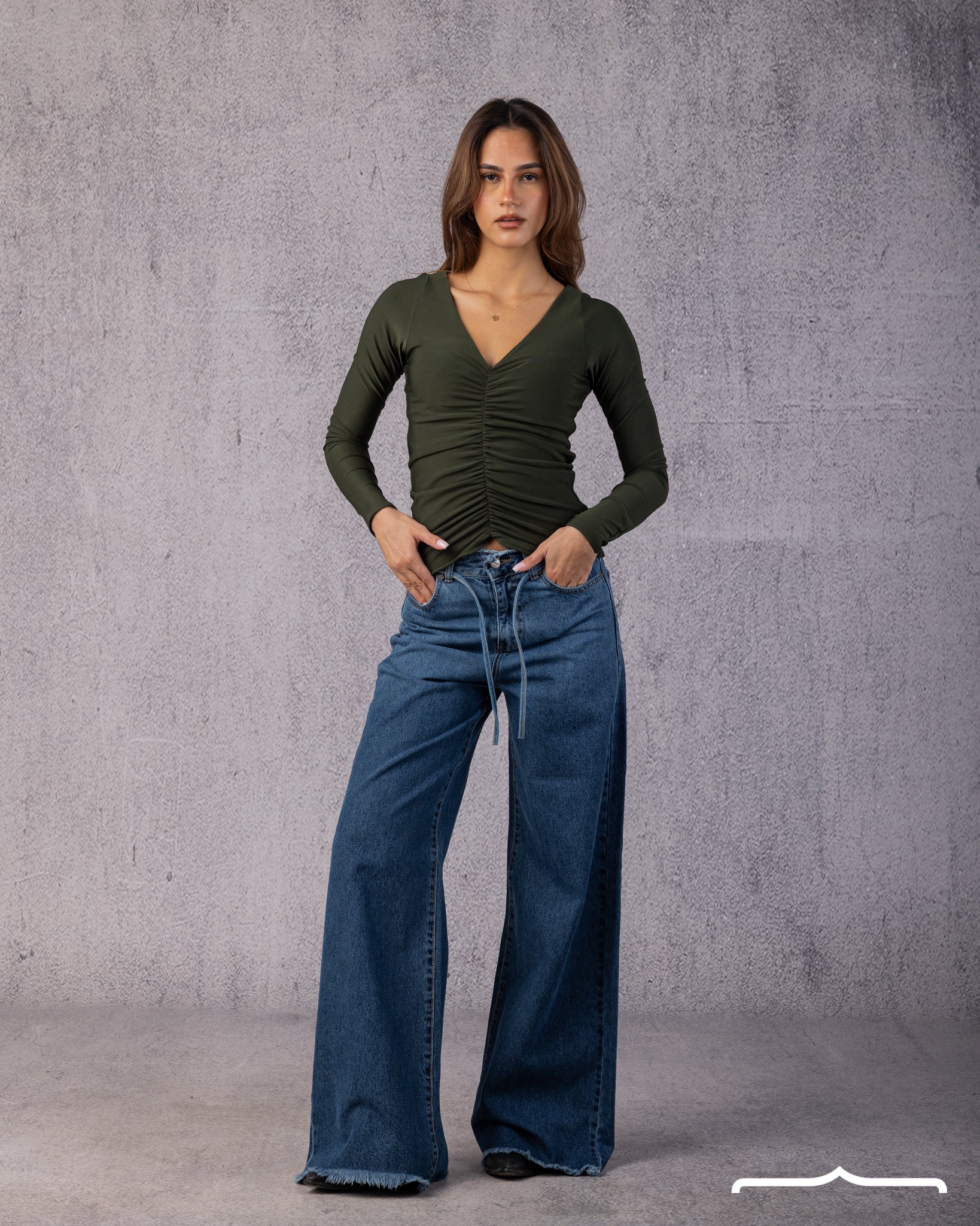 Ruched V-Neck Top in Olive