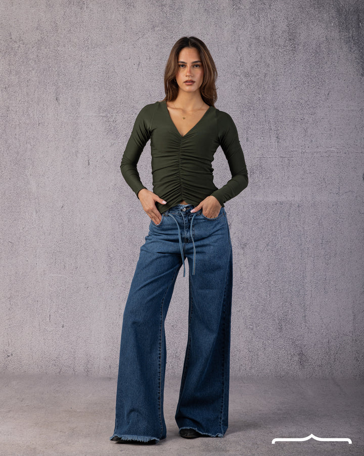 Ruched V-Neck Top in Olive