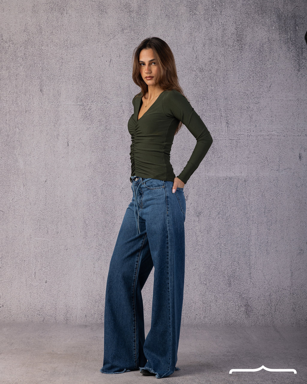 Ruched V-Neck Top in Olive