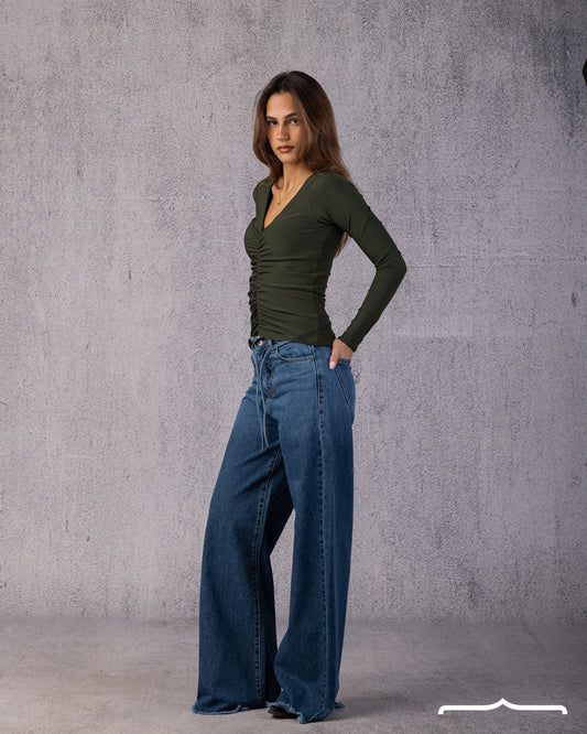 Ruched V-Neck Top in Olive