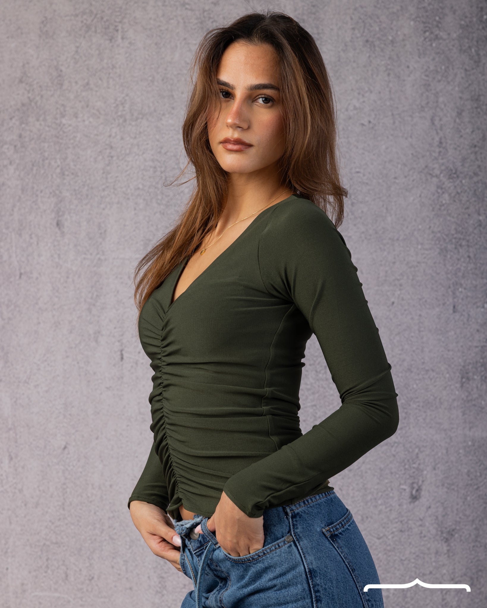Ruched V-Neck Top in Olive