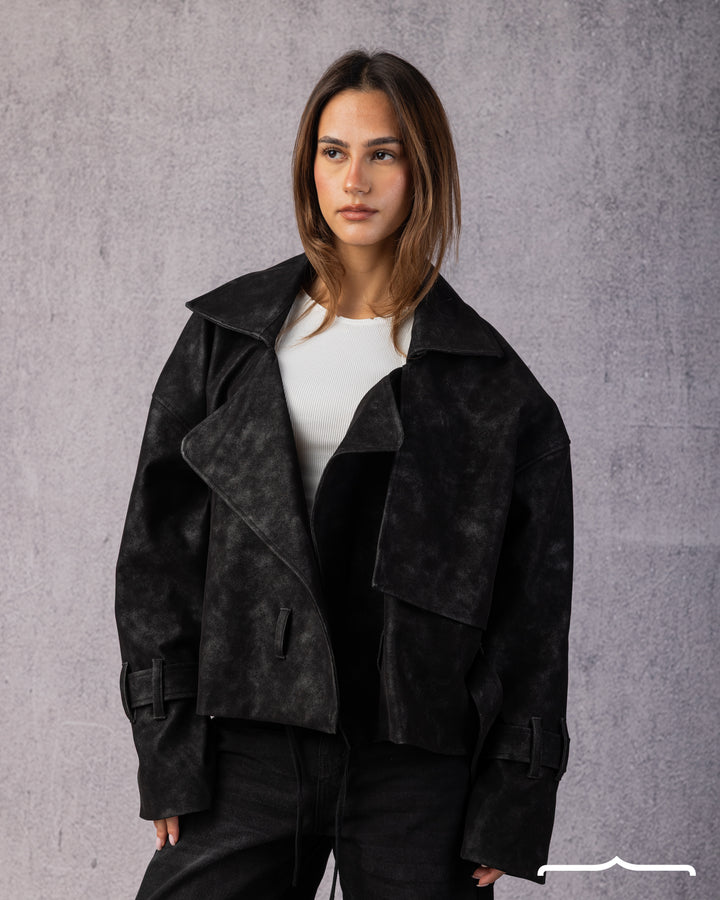 Genuine Suede Belted Jacket in Black