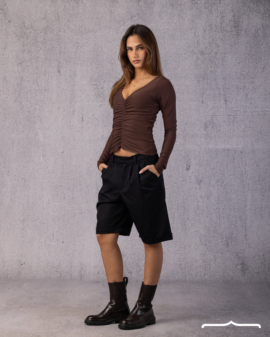 Ruched V-Neck Top in Brown