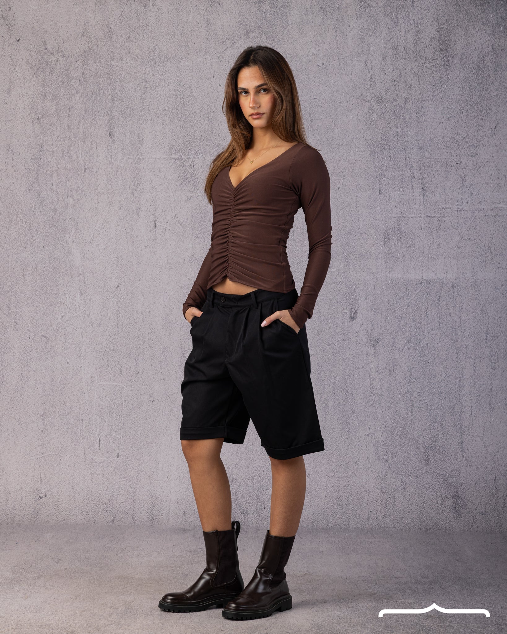 Ruched V-Neck Top in Brown