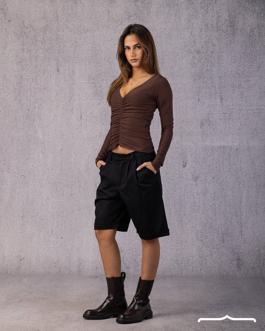 Ruched V-Neck Top in Brown