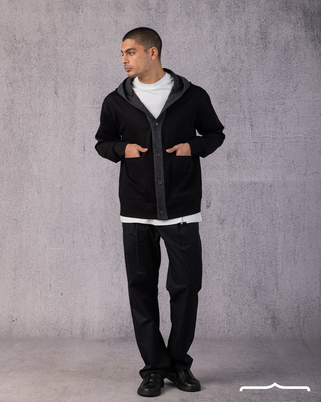 Layered Hooded Cardigan in Black